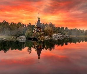 Jezioro, Cerkiew, Niebo, Las