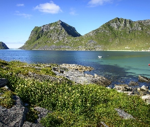 Góry, Jezioro, Roślinność, Łodzie, Norwegia, Kamienie