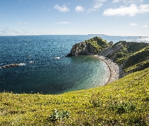 Morze, Trawa, Plaża, Góry, Zatoka