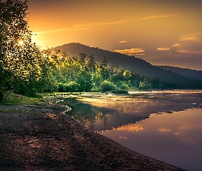 Jezioro, Drzewa, Słońca, Zachód, Góry