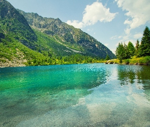 Jezioro, Roślinność, Chmury, Drzewa, Góry