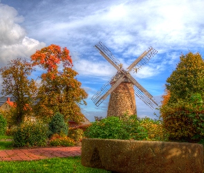 Jesień, HDR, Wiatrak, Dom, Drzewa