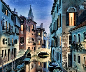 Wenecja, Wieczór, Kanał, Gondole, Domy