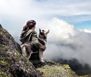 Dziewczyna, Mgła, Góry, Szczyt, Pies