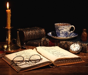 Kompozycja, Herbaty, Vintage, Filiżanka, Okulary, Książki, Świecznik, Zegarek