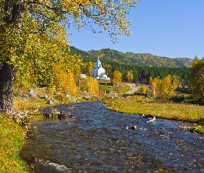 Prawosławny, Kościół, Las, Rzeka, Drzewa, Jesień