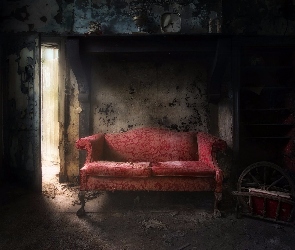 Sofa, Czerwona, Zaniedbane, Pomieszczenie