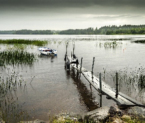 Trzciny, Łódka, Jezioro, Pomost