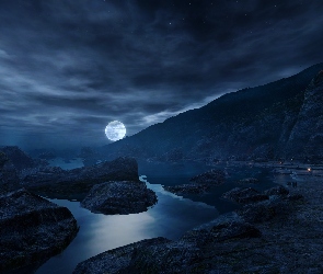 Góry, Noc, Księżyc, Rzeka
