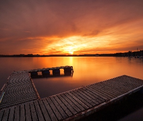 Jezioro, Las, Zachód słońca, Pomost