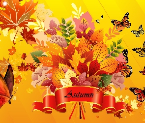 Jesień, Grafika, Liście, Motyle