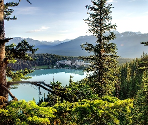 Jezioro, Kanada, Góry, Hotel, Las
