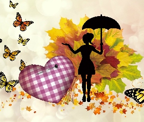 Kobieta, Parasolka, Serce, Grafika 2D, Motyle, Jesień, Liście