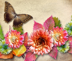 Grafika, Motyl, Liście, Kwiaty