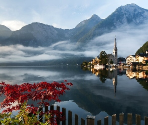 Domy, Mgła, Hallstatt, Austria, Jezioro, Góry Alpy