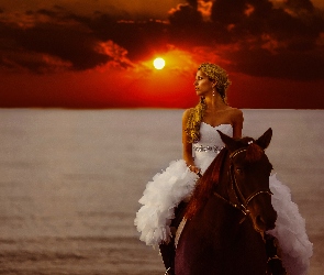 Koń, Zachód słońca, Kobieta