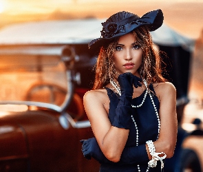 Samochód, Makijaż, Modelka, Kobieta, Kapelusz, Biżuteria