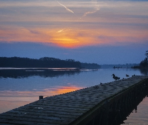 Wielkopolska, Kaczki, Pomost, Zachód słońca, Jezioro Lusowskie