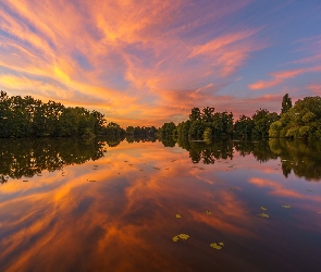Drzewa, Jezioro, Zachód, Słońca