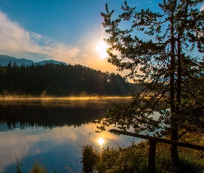 Jezioro, Drzewo, Zachód słońca, Góry