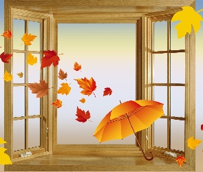 Liście, Parasol, Grafika, Okno