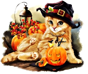 Kotek, Grafika, Halloween, Jesień