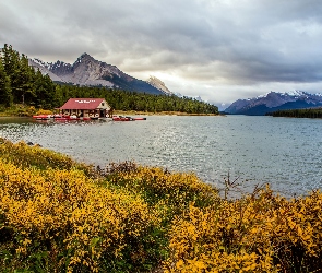 Prowincja Alberta, Góry, Park Narodowy Jasper, Kanada, Jesień, Przystań, Lasy, Łódki, Jezioro Maligne