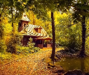 Park, Budowla, Drewniana, Staw, Jesień
