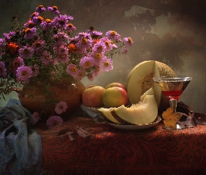 Wina, Liście, Jabłka, Lamka, Wazon, Bukiet, Astry, Jesienne, Kompozycja, Melon