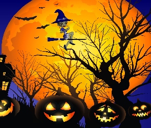 Wiedźma, Grafika, Dynie, Księżyc, Halloween