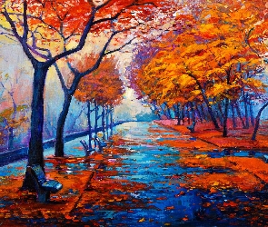 Obraz, Ławki, Park, Drzewa, Jesień