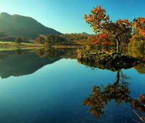 Jesień, Odbicie, Drzewa, Góry, Jezioro