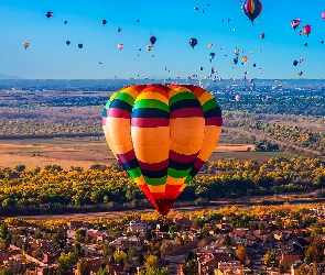 Balony, Domy, Niebo, Niebieskie, Kolorowe