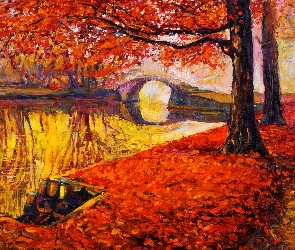Obraz, Drzewa, Jesień, Most