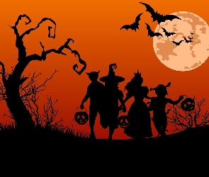 Halloween, Drzewo, Nietoperze, Dynie, Księżyc, Postacie