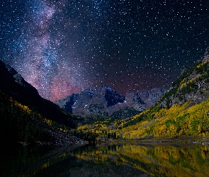 Maroon Bells, Jezioro, Stany Zjednoczone, Gwiazdy, Góry, Kolorado, Pasmo górskie Elk, Góry Skaliste, Jezioro Maroon