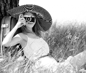 Aparat, Trawa, Walizka, Fotograficzny, Kobieta
