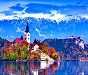 Słowenia, Jesień, Kościół, Jezioro Bled, Góry, Lasy