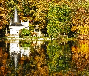 Las, Budowla, Biała, Jezioro, Jesień