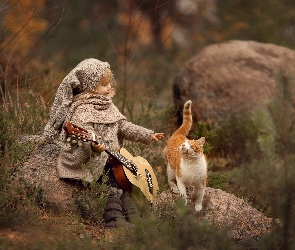 Dziewczynka, Kamienie, Kot, Gitara, Jesień