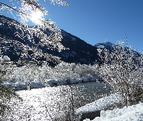 Mróz, Poranek, Rzeka, Austria, Śnieg, Słoneczny