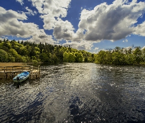 Jezioro, Chmury, Las, Pomost, Łódka