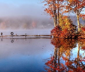 Jezioro, Drzewa, Mgła, Pomost, Jesień