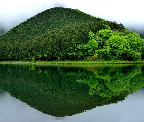 Jezioro, Japonia, Zieleń, Odbicie, Góra