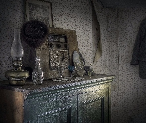 Komoda, Radio, Pomieszczenie, Zaniedbane, Antyki, Lampa