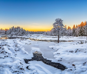 Finlandia, Zima, Rzeka, Wschód słońca, Prowincja Oulu