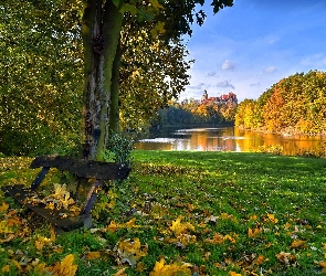 Ławka, Jezioro, Jesień