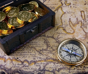 Pudełko, Kompas, Monety, Mapa