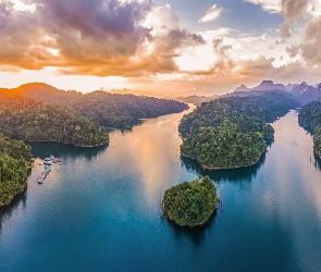 Tajlandia, Zachód słońca, Lasy, Jezioro
