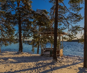 Jezioro, Śnieg, Finlandia, Zima, Drzewa, Altanka